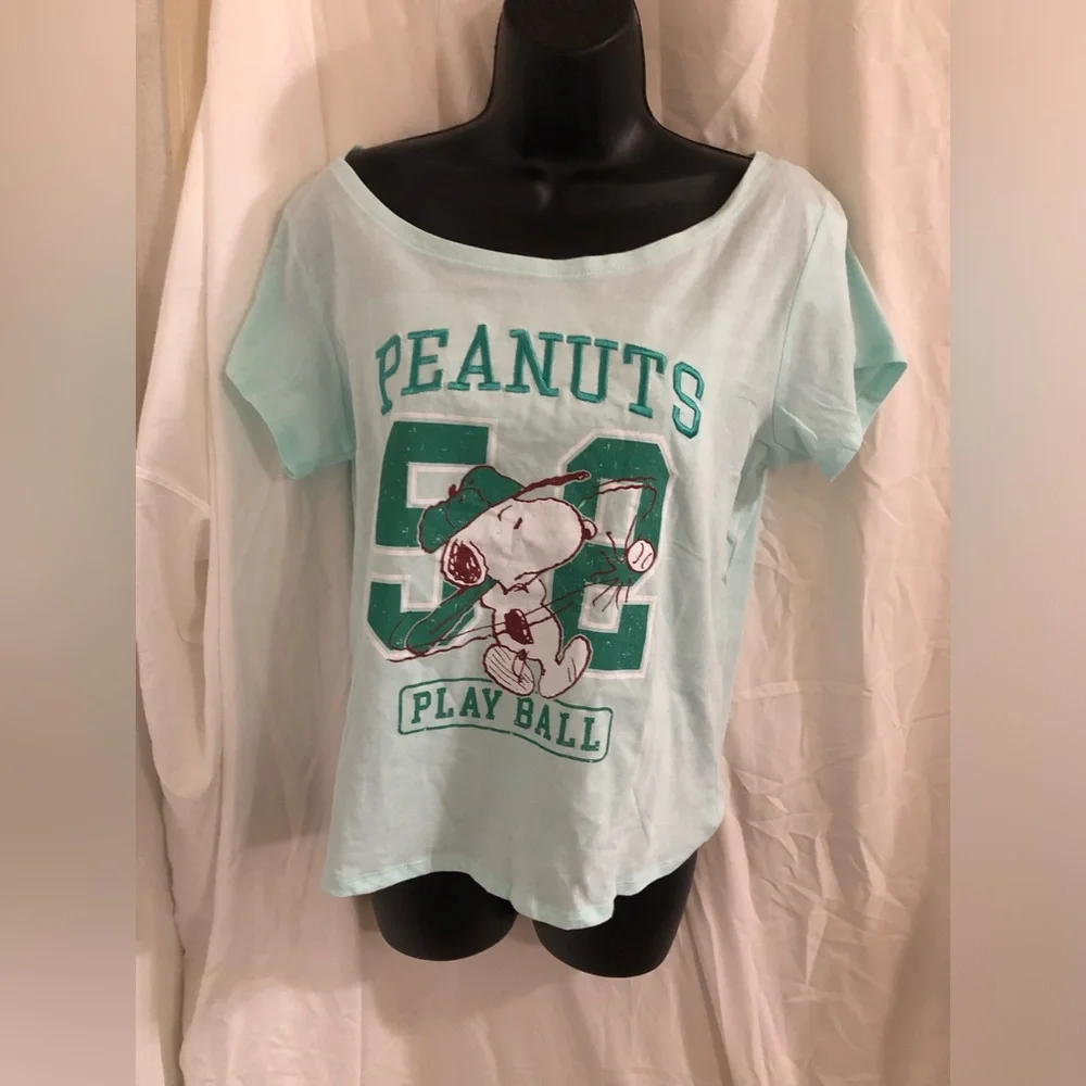 Mint green peanuts 52 play ball embroidered wide neckline cotton t-shirt size M - Picture 5 of 6
